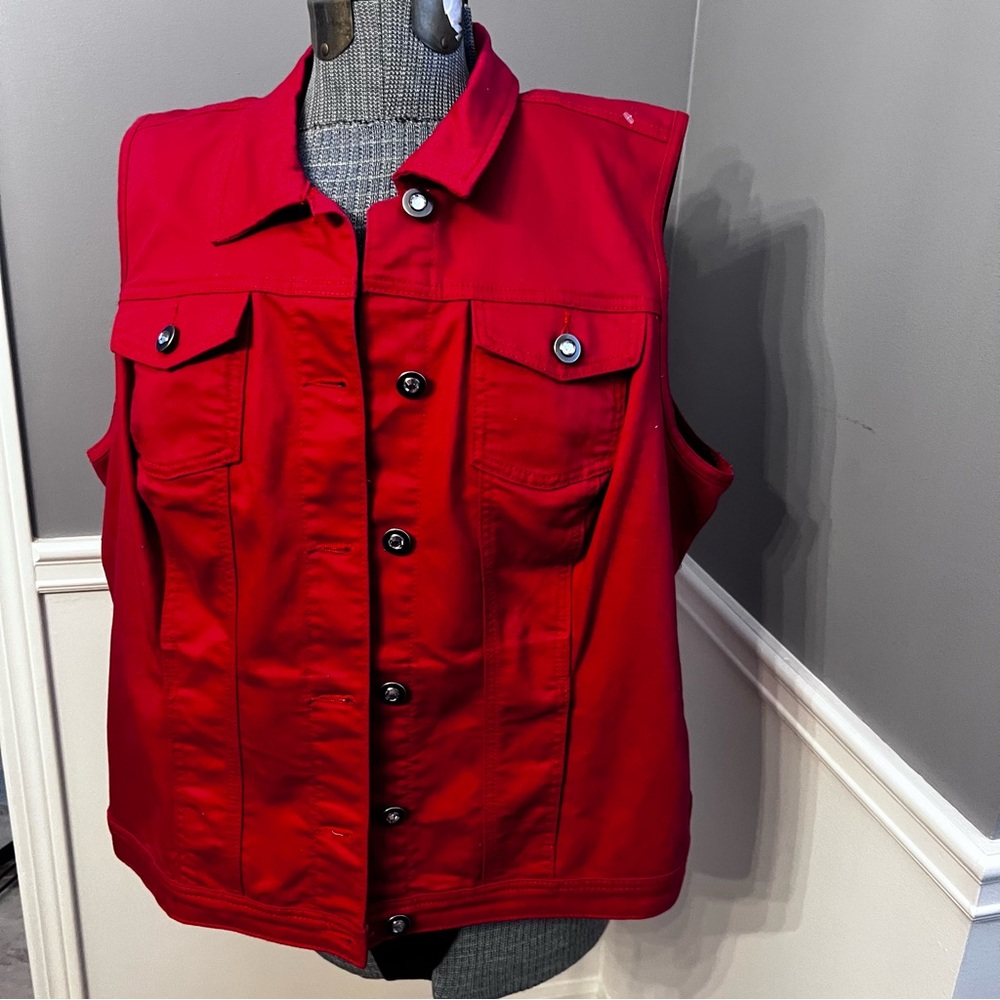 Red Denim Vest | Sleeveless Jean Jacket | Button Front | Classic Trucker Style